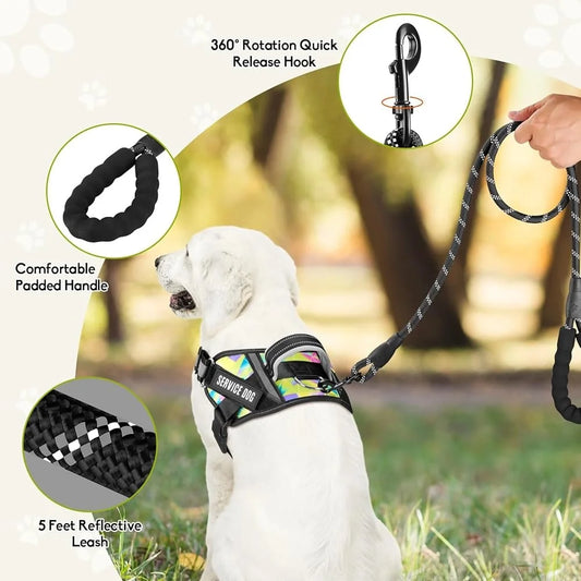 Reflective Service Dog Harness Leash Set 10 Patches