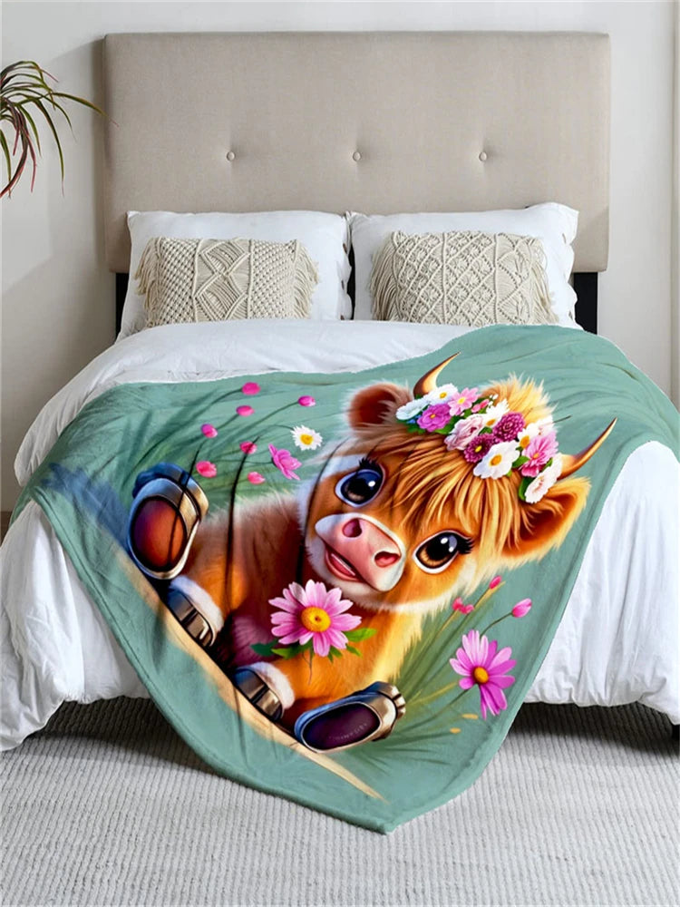 Floral cow-themed flannel blanket, green, suitable for sofa, all-season use.