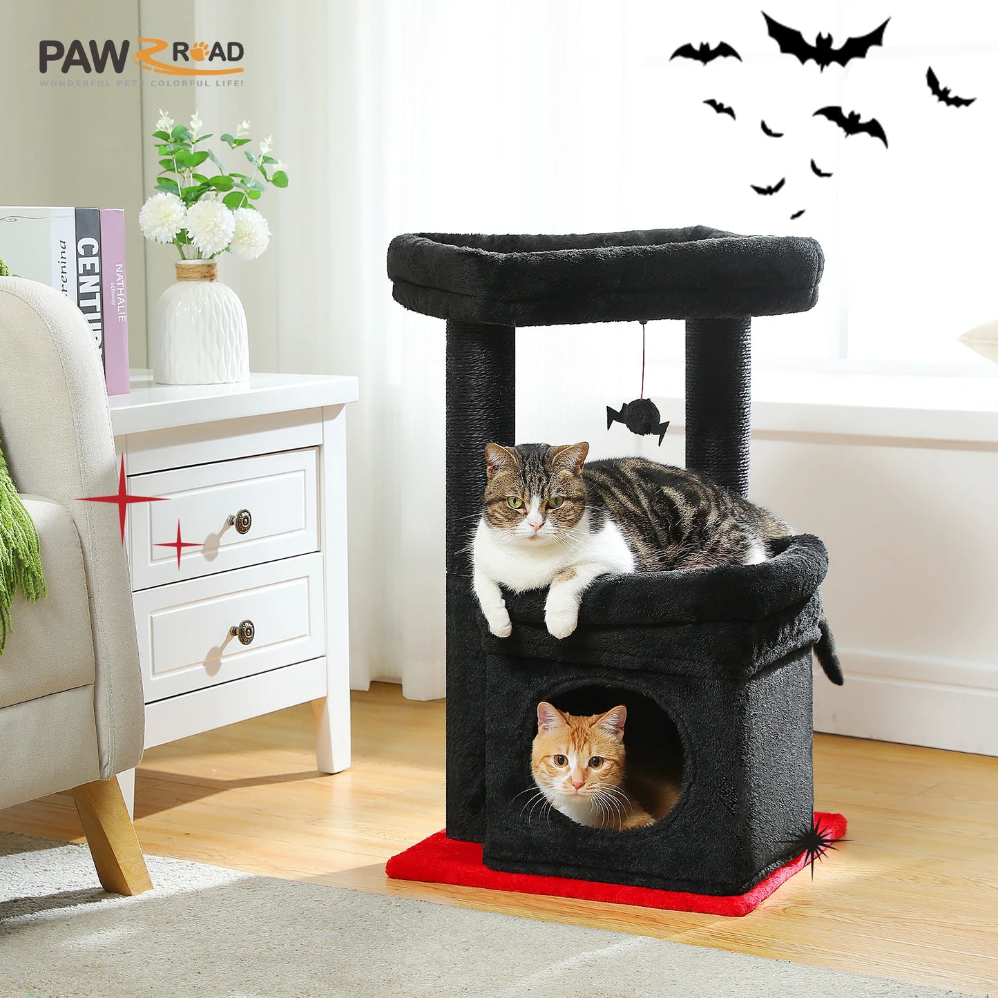 Cozy Condo Cat Tree Tower, Wide Top Perch, Natural Sisal Posts, Playful Pom-Pom