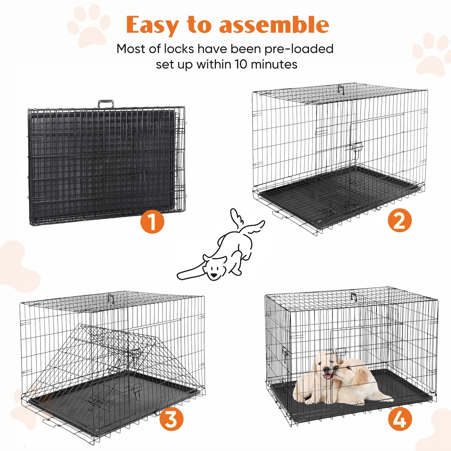 Double Door Folding Wire Dog Cage Plastic Leak-Proof Tray for Indoor Outdoor, Travel