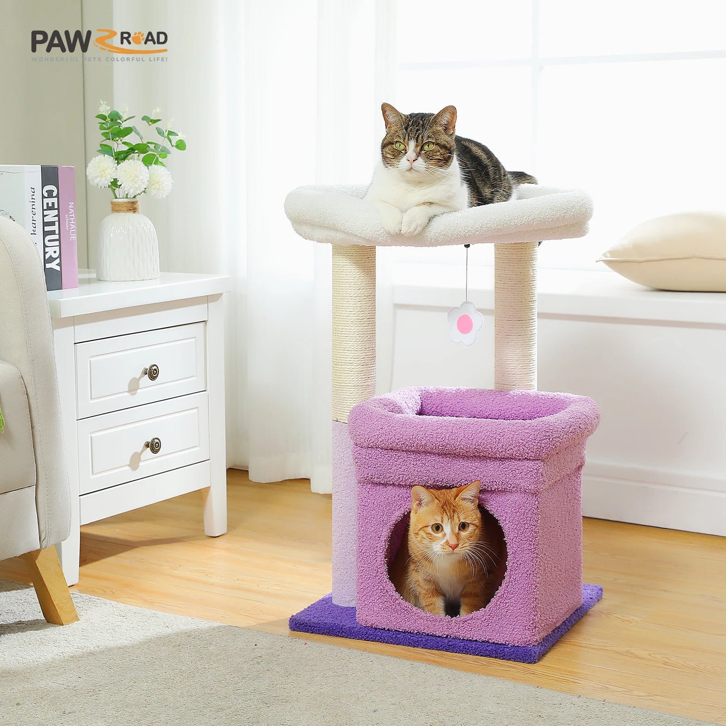 Cozy Condo Cat Tree Tower, Wide Top Perch, Natural Sisal Posts, Playful Pom-Pom
