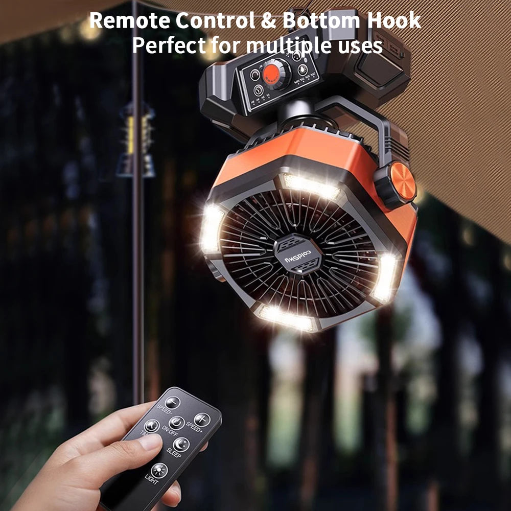 Indoor/Outdoor Battery Fan with 4 LED Lantern 8 Speeds