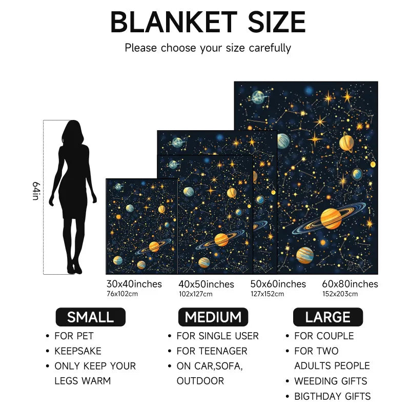 Space-themed navy blue flannel blanket, soft, all-season use.