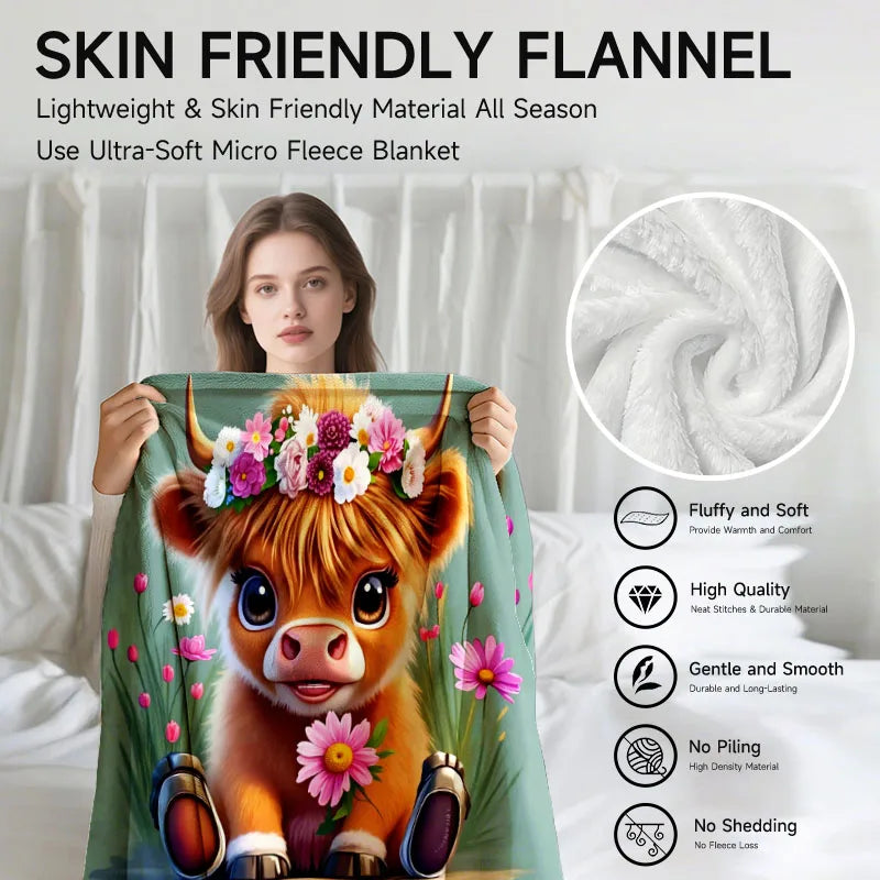 Floral cow-themed flannel blanket, green, suitable for sofa, all-season use.