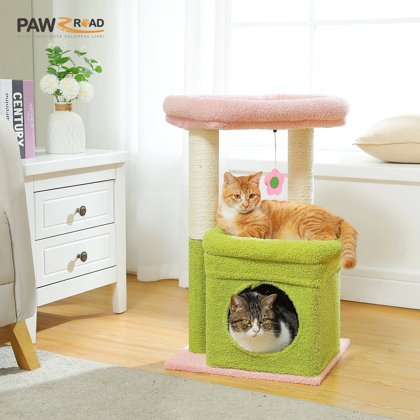 Cozy Condo Cat Tree Tower, Wide Top Perch, Natural Sisal Posts, Playful Pom-Pom
