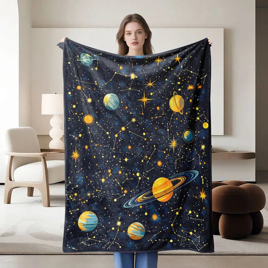 Space-themed navy blue flannel blanket, soft, all-season use.