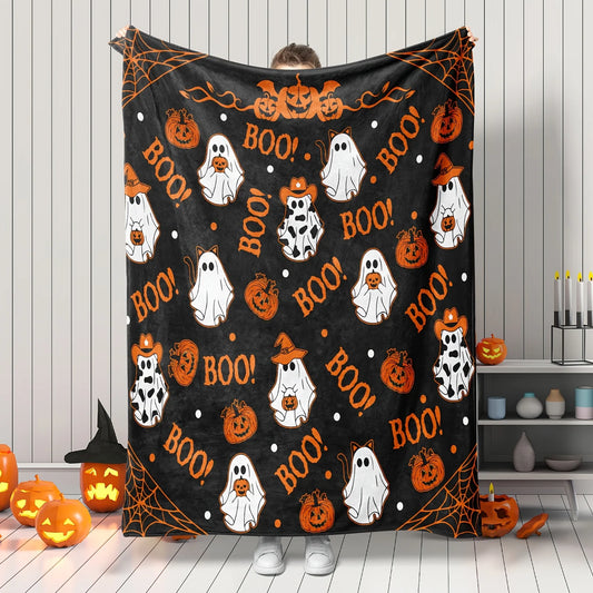 Cozy Flannel Halloween Throw Blanket - Spooky Ghosts & Pumpkins Design, Soft & Warm for Couch, Bed, Camping