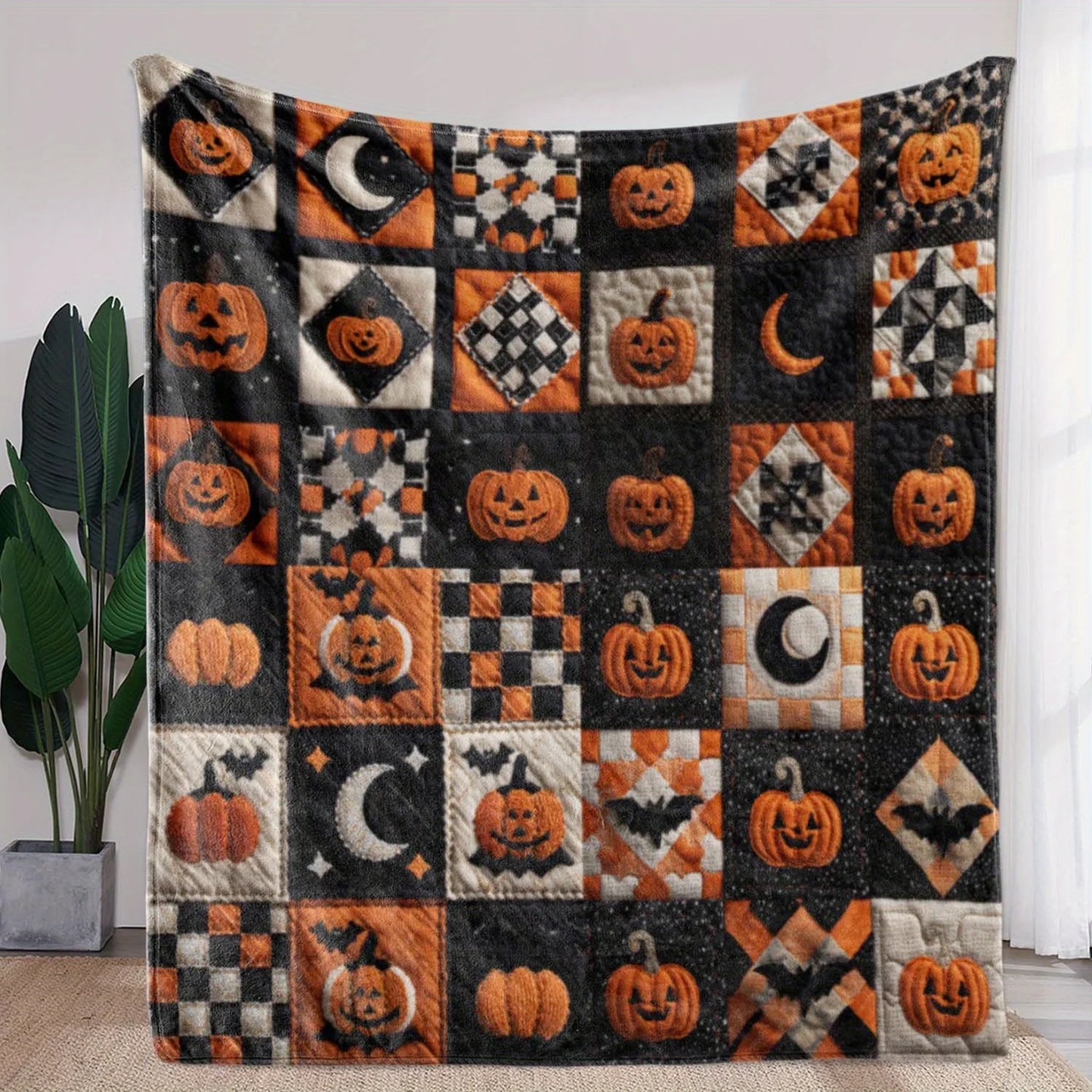 Halloween Plaid Pumpkin Moon Print Blanket - Warm, Soft & Cozy Throw
