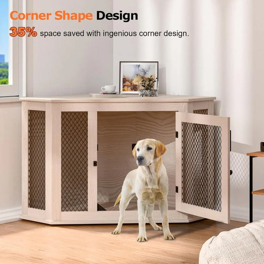 52" Corner Wooden Dog Kennel End Table with Mesh