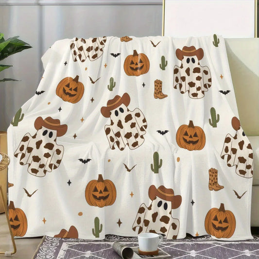 All-Season Cartoon Cowboy Ghost Pumpkin Print Throw Blanket