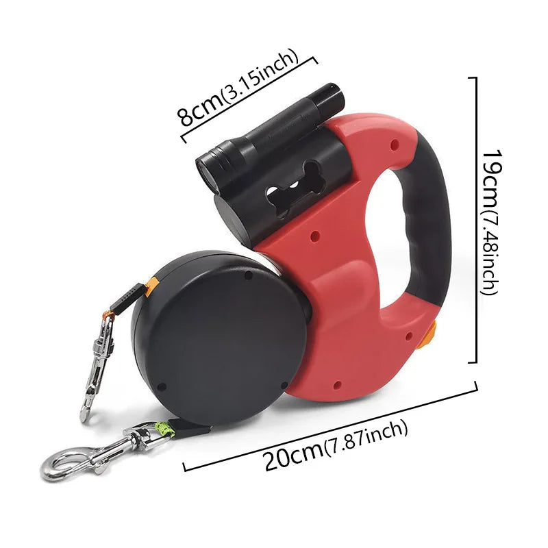 3 in1 Double Head Automatic retractable Dog leash, Flashlight, Poop Bag Dispenser