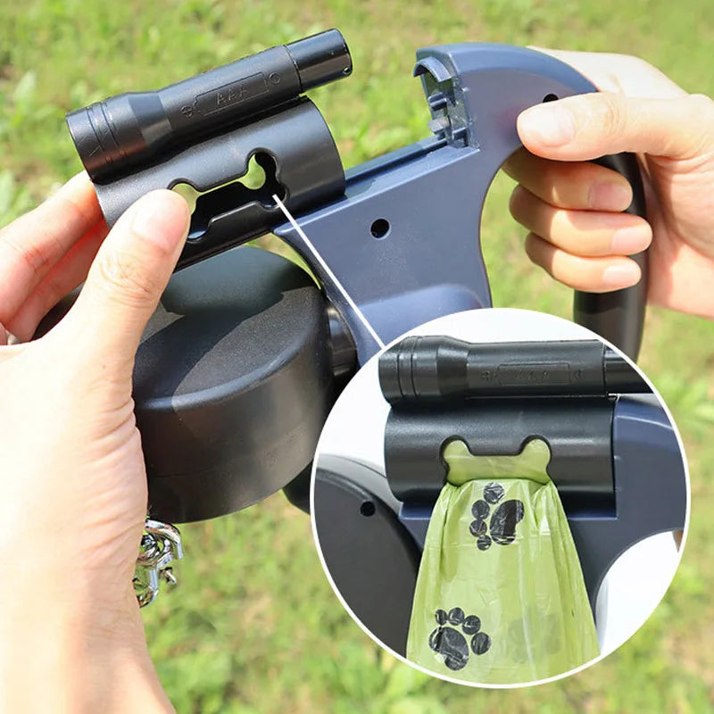 3 in1 Double Head Automatic retractable Dog leash, Flashlight, Poop Bag Dispenser