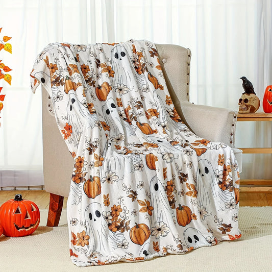 Spooky Halloween Pumpkin & Ghosts Patchwork Throw Blanket