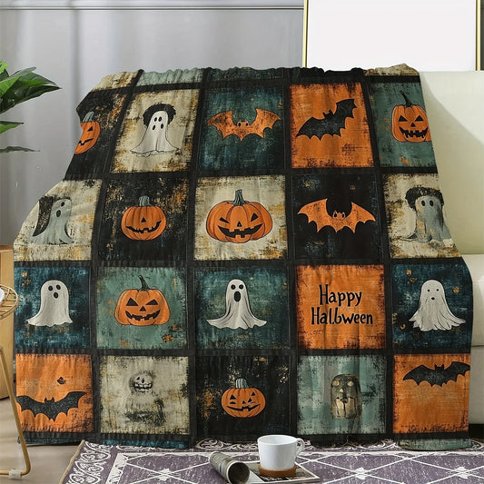 Vintage Halloween Flannel Throw Blanket - Cozy & Soft with Pumpkins and Bat Motifs,