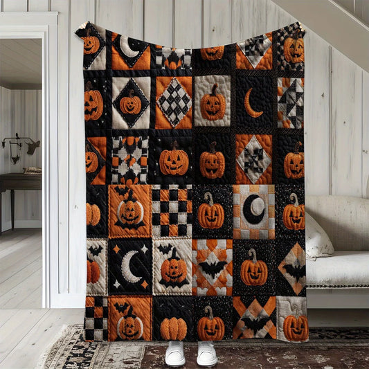 Halloween Plaid Pumpkin Moon Print Blanket - Warm, Soft & Cozy Throw