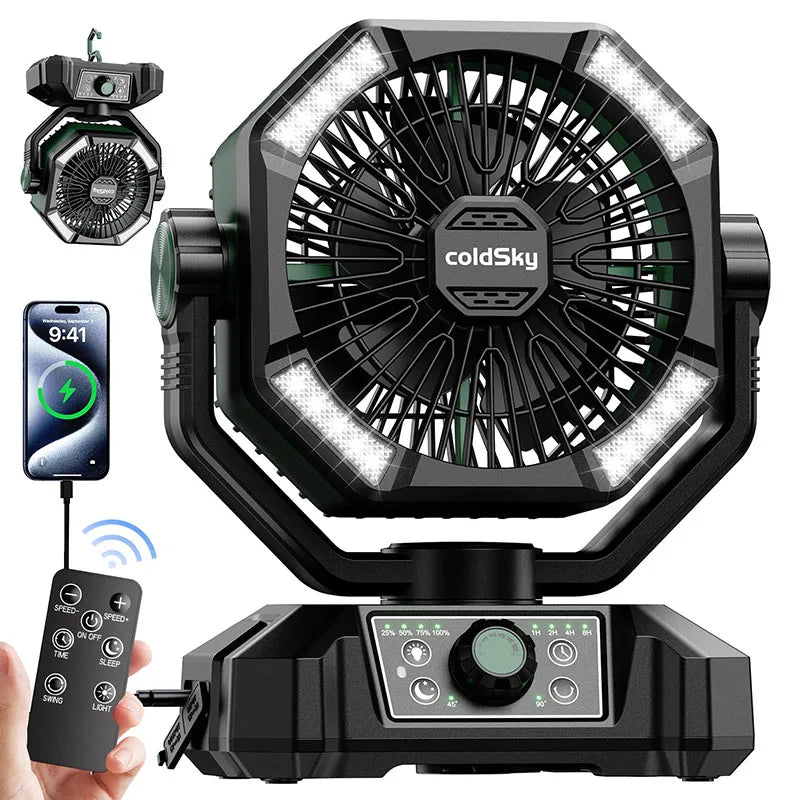 Indoor/Outdoor Battery Fan with 4 LED Lantern 8 Speeds