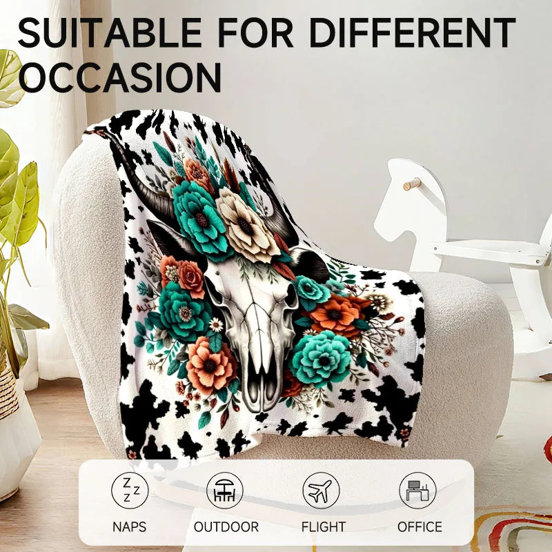 Floral cow skull blanket, black and white with colorful flowers