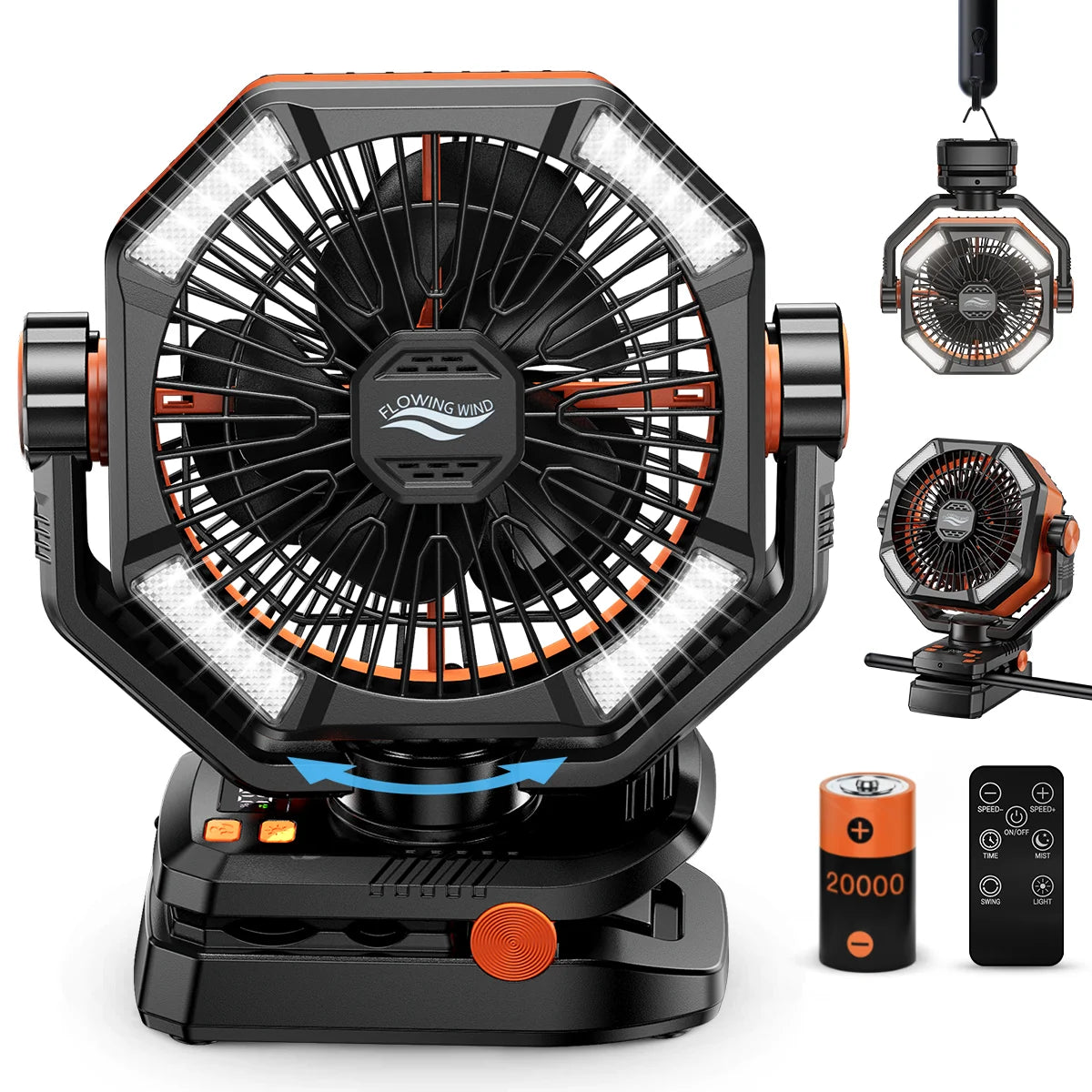 Indoor/Outdoor Battery Fan with 4 LED Lantern 8 Speeds