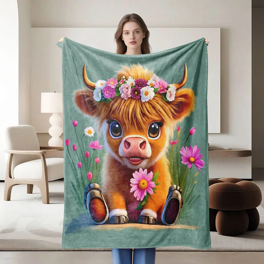 Floral cow-themed flannel blanket, green, suitable for sofa, all-season use.