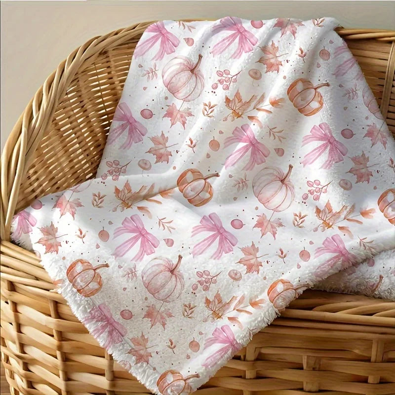 Cozy Pink Pumpkin & Leaf Flannel Plush Blanket