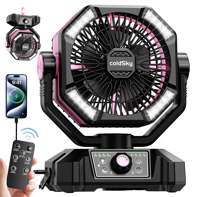 Indoor/Outdoor Battery Fan with 4 LED Lantern 8 Speeds