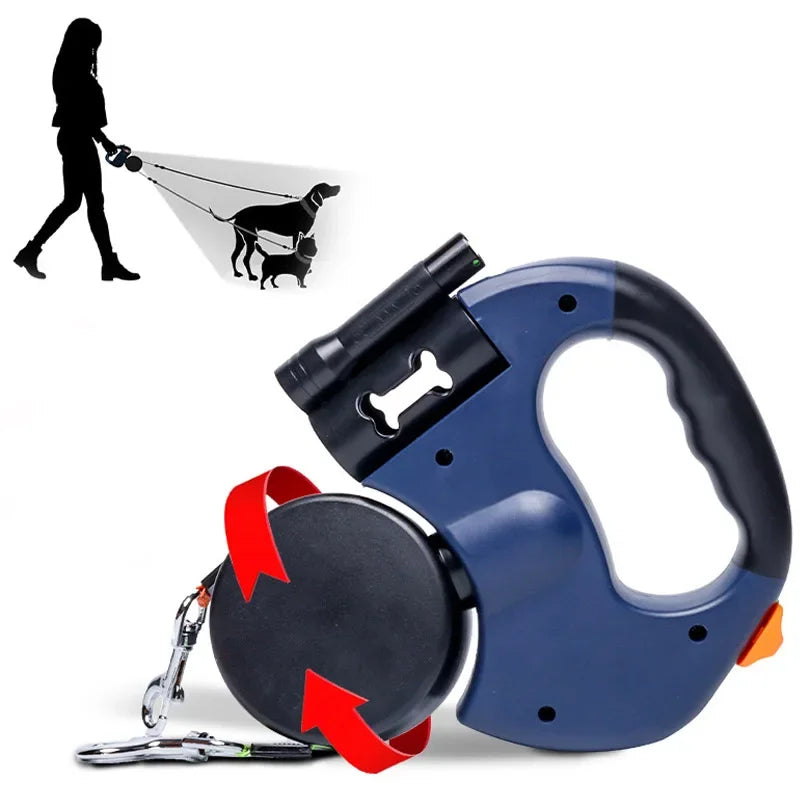 3 in1 Double Head Automatic retractable Dog leash, Flashlight, Poop Bag Dispenser