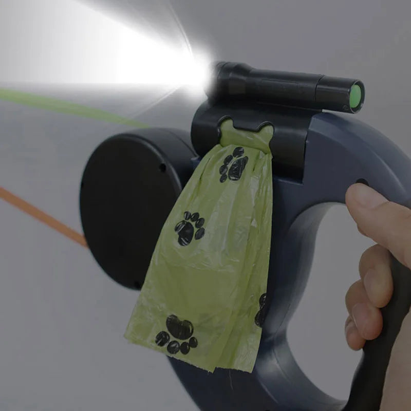 3 in1 Double Head Automatic retractable Dog leash, Flashlight, Poop Bag Dispenser
