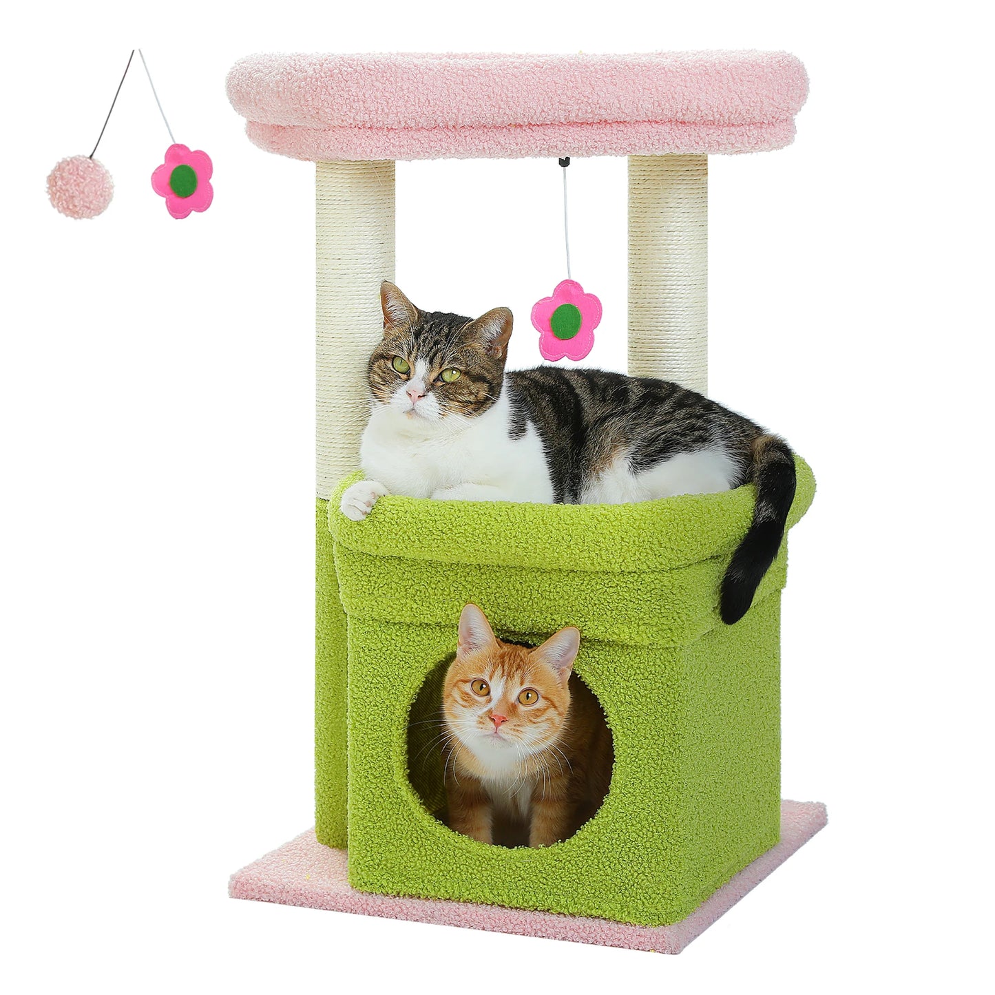 Cozy Condo Cat Tree Tower, Wide Top Perch, Natural Sisal Posts, Playful Pom-Pom
