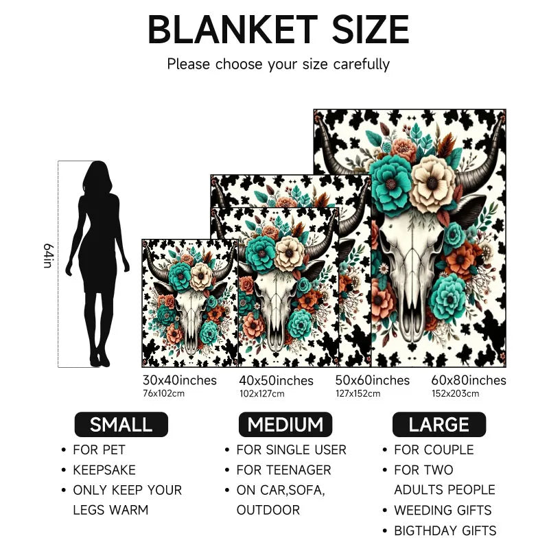 Floral cow skull blanket, black and white with colorful flowers