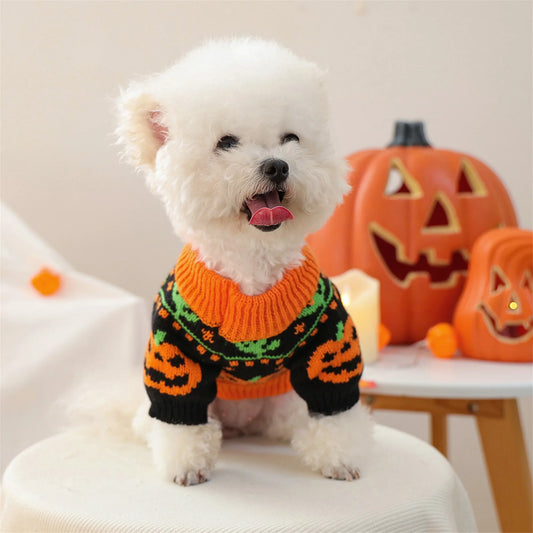 Halloween Costume for Dogs and Cats Pumpkin Knitted Sweater Outfit