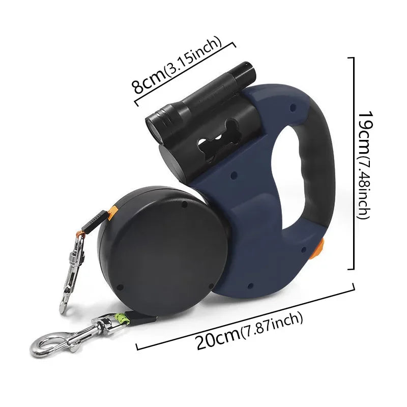 3 in1 Double Head Automatic retractable Dog leash, Flashlight, Poop Bag Dispenser