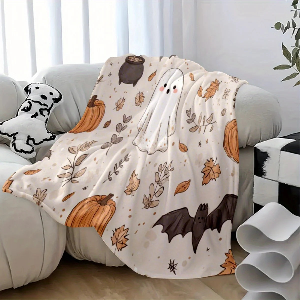 Ghosts, Pumpkins, Bats & Autumn Leaves - Soft Lightweight Flannel for Couch, Bed, Living Room