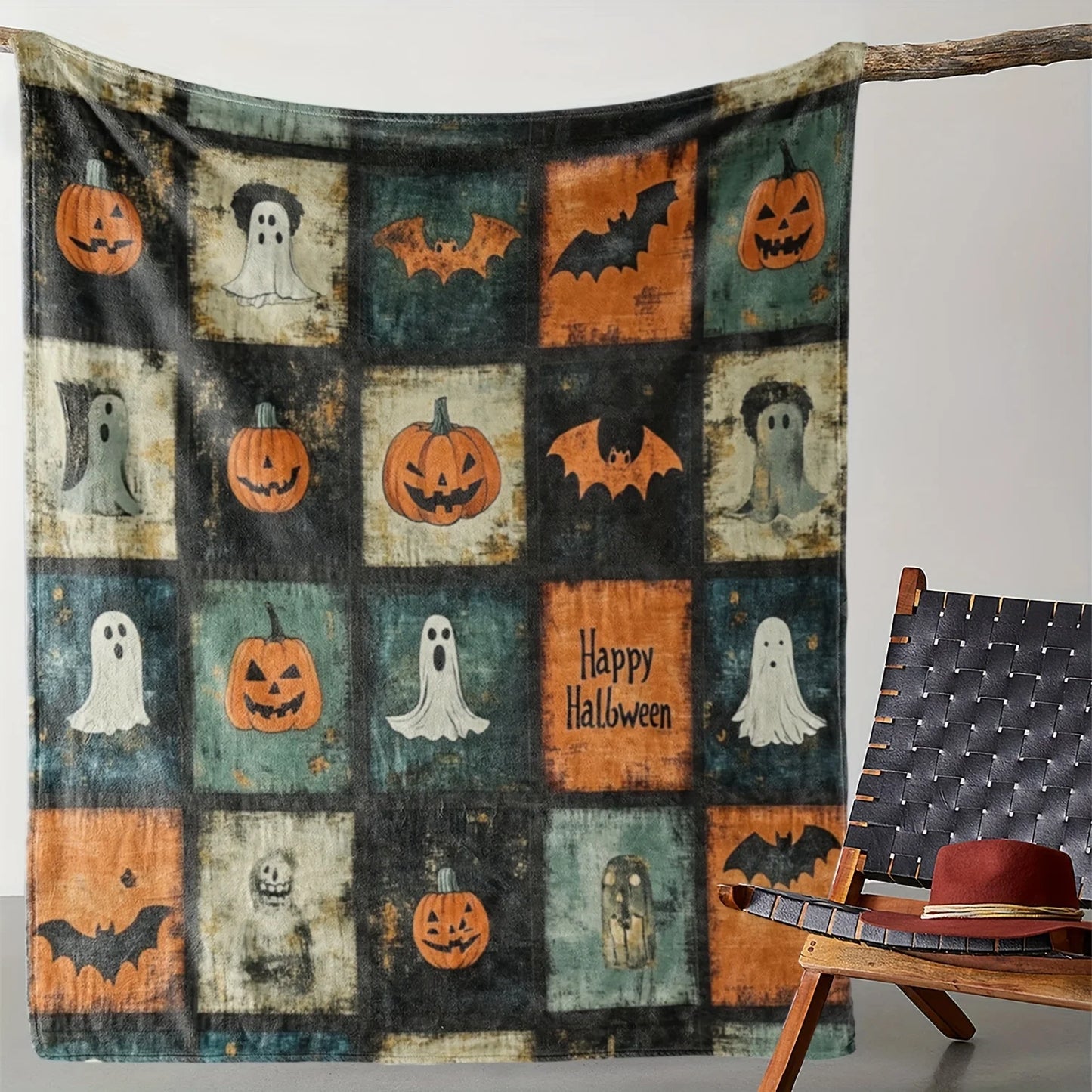 Vintage Halloween Flannel Throw Blanket - Cozy & Soft with Pumpkins and Bat Motifs,