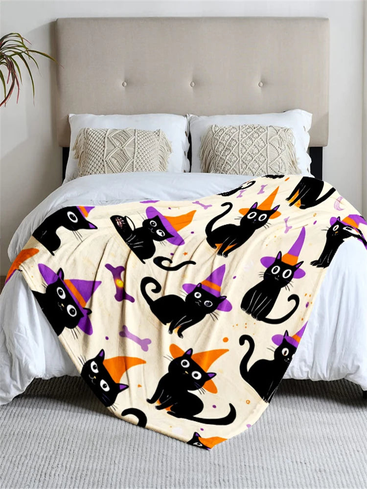 Halloween-themed Black Cat Purple Hat flannel blanket