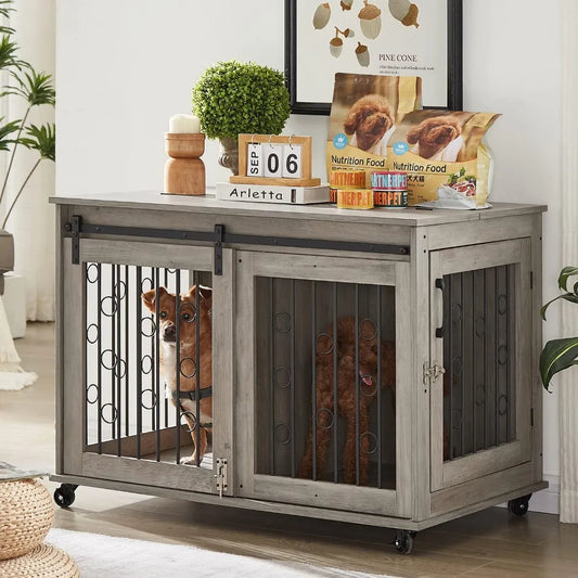 Dog Kennel with Sliding Barn Door, 39" End Table with Wheels