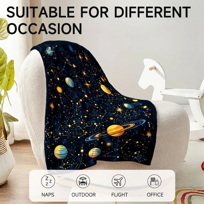 Space-themed navy blue flannel blanket, soft, all-season use.