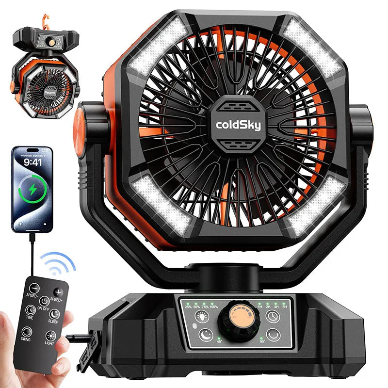 Indoor/Outdoor Battery Fan with 4 LED Lantern 8 Speeds