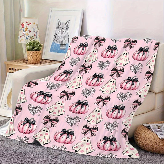 Cozy Pink Halloween Pumpkin Blanket Spooky Pumpkin Spider Web Designs Tear Resistant Machine Washable