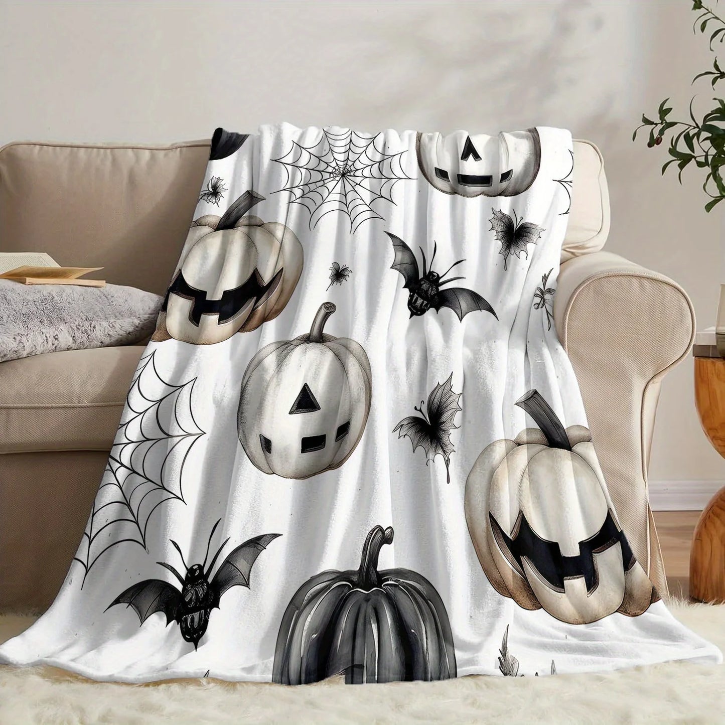 Halloween Flannel Fleece Throw Blanket with Pumpkin, Bat, and Spider Web Design