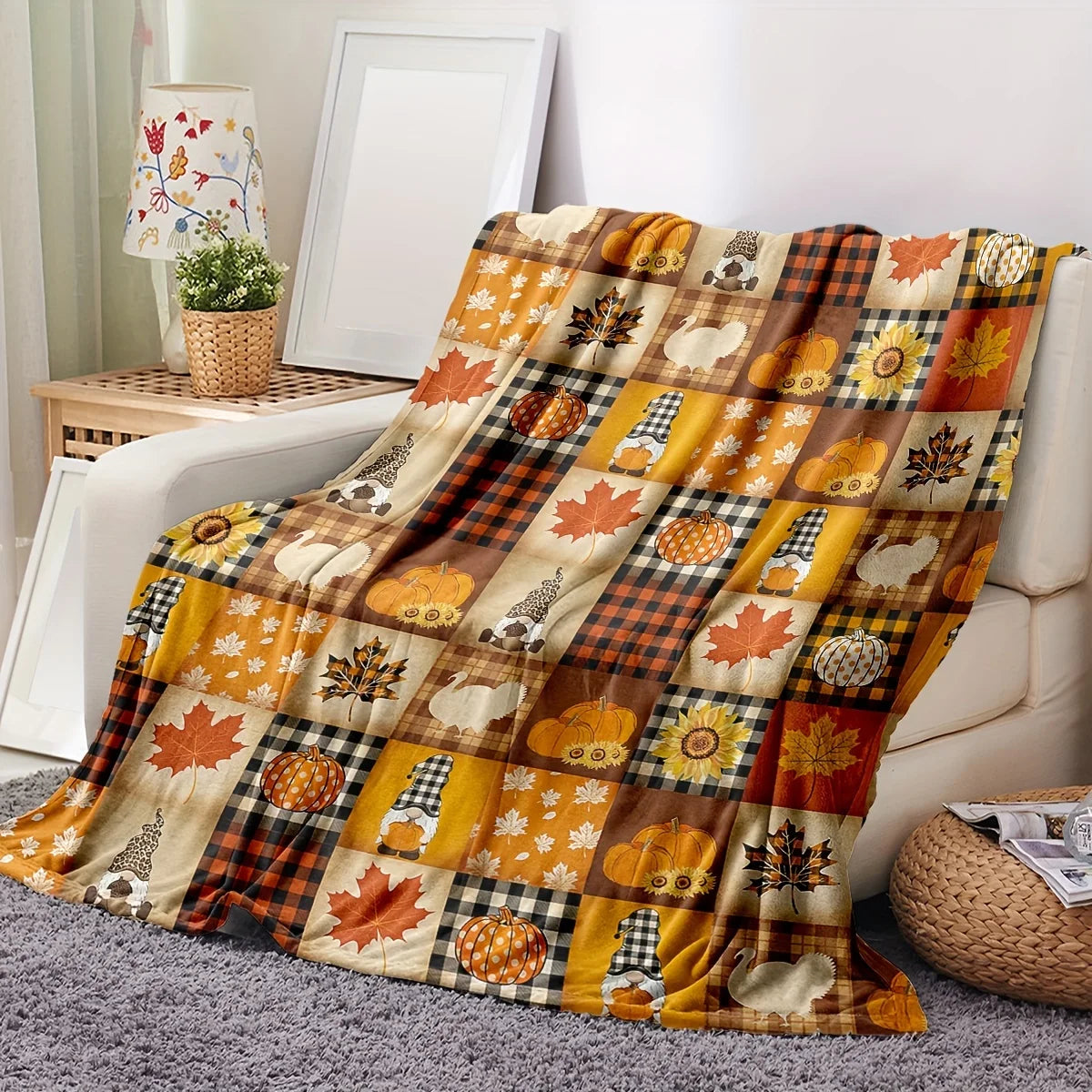 Cozy Dual-Sided Flannel Throw Blanket with Halloween Pumpkins- Allergy-Friendly, Machine Washable -