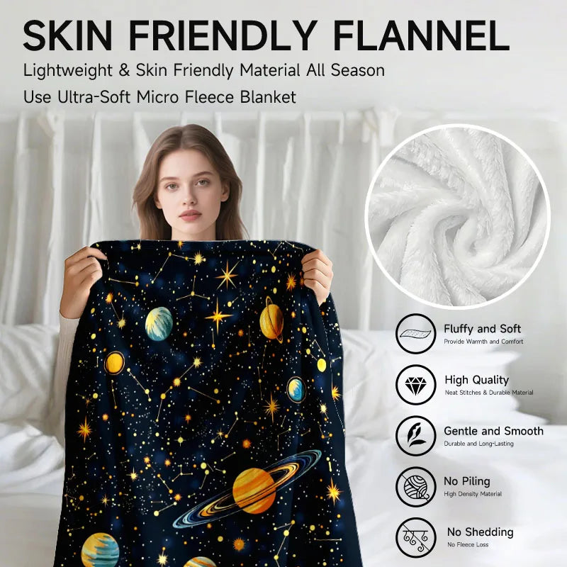 Space-themed navy blue flannel blanket, soft, all-season use.