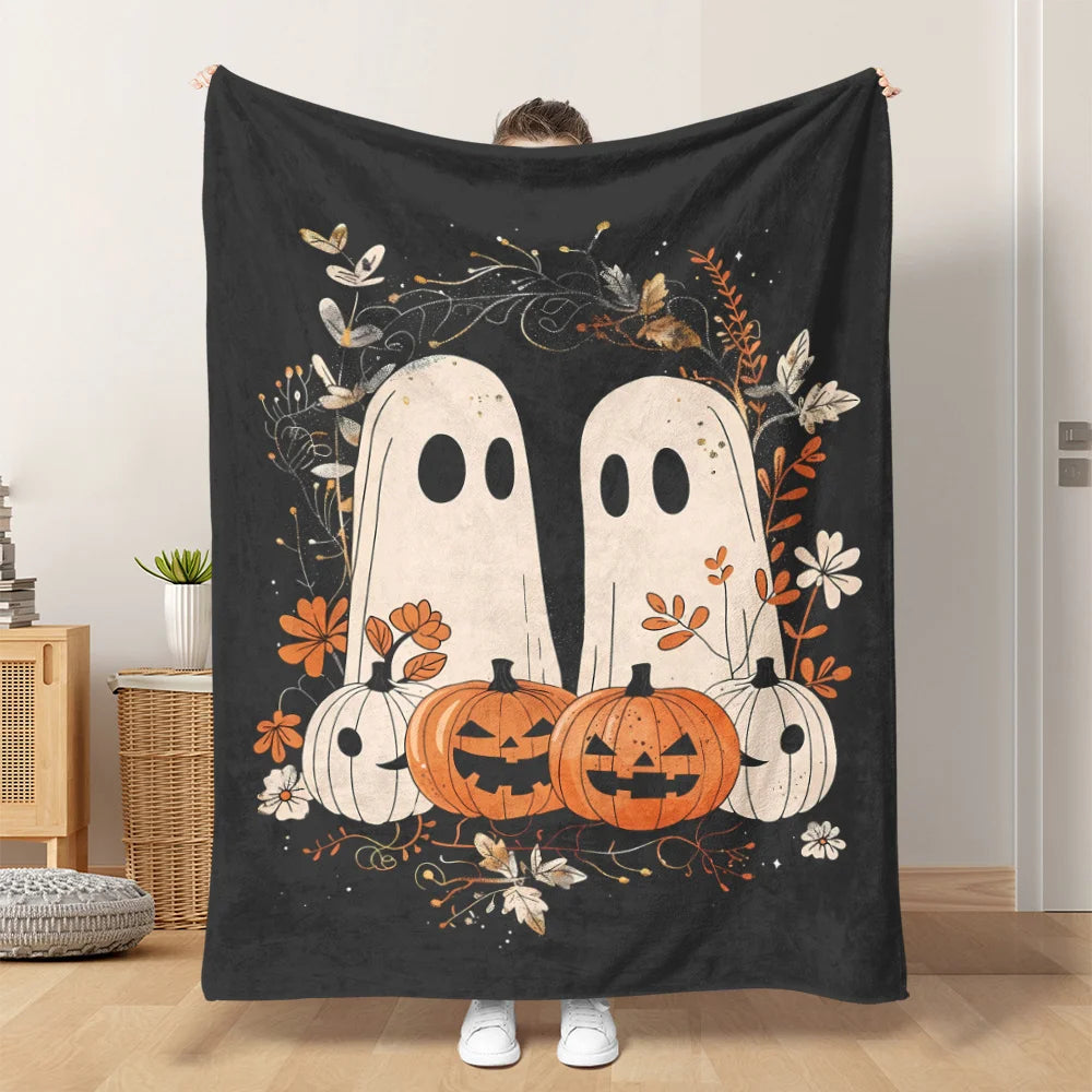 Halloween & Pumpkin Throw Blanket – Cute Cartoon Ghosts, Jack-o'-Lanterns, and Autumn Leaves