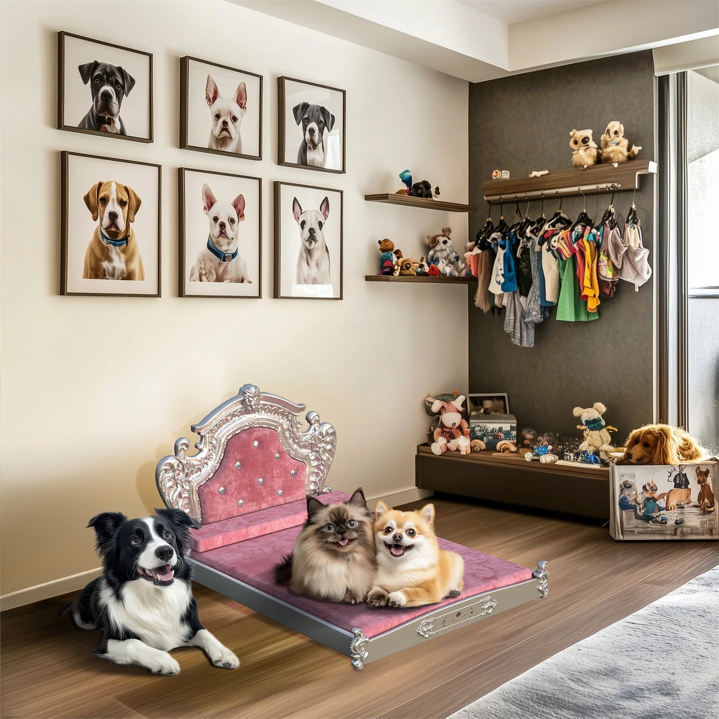 Luxury Pet Bed with Headboard, Washable Dutch Velvet Cover, Dog and Cat Bed