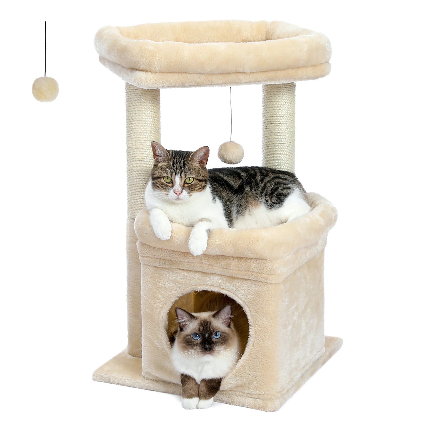 Cozy Condo Cat Tree Tower, Wide Top Perch, Natural Sisal Posts, Playful Pom-Pom
