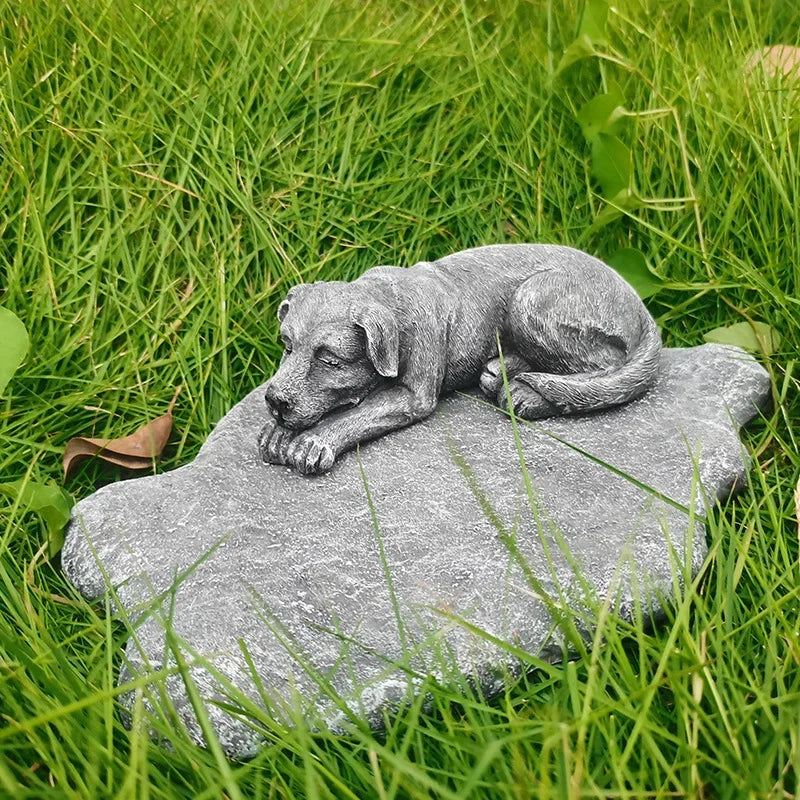 Pet Memorial Rock Sculpture with Cute Dog Bed Design