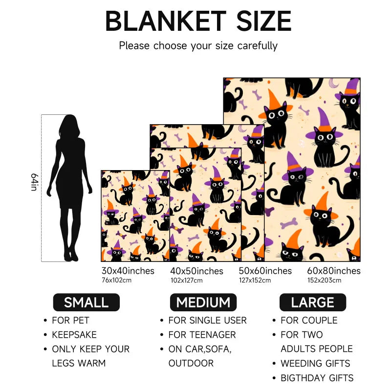 Halloween-themed Black Cat Purple Hat flannel blanket