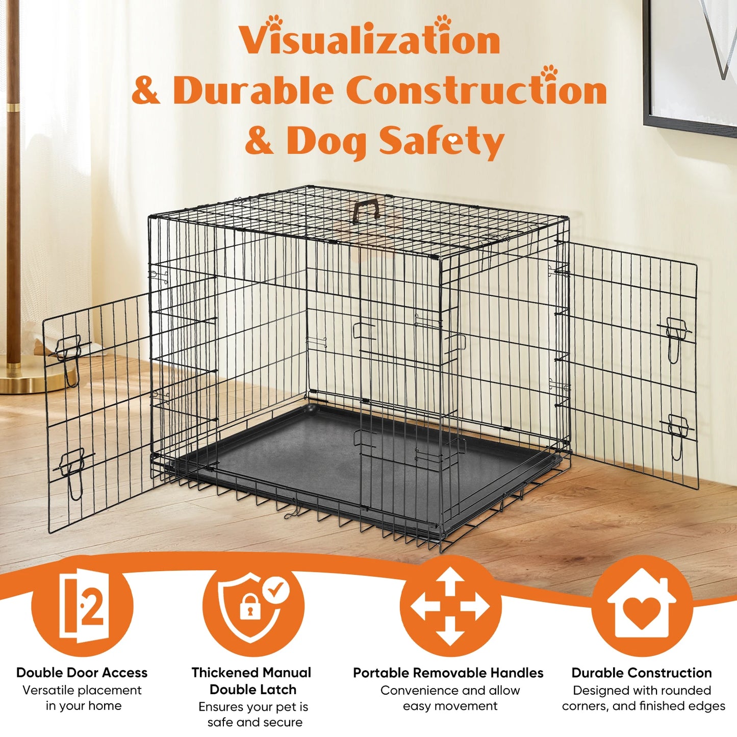 Double Door Folding Wire Dog Cage Plastic Leak-Proof Tray for Indoor Outdoor, Travel
