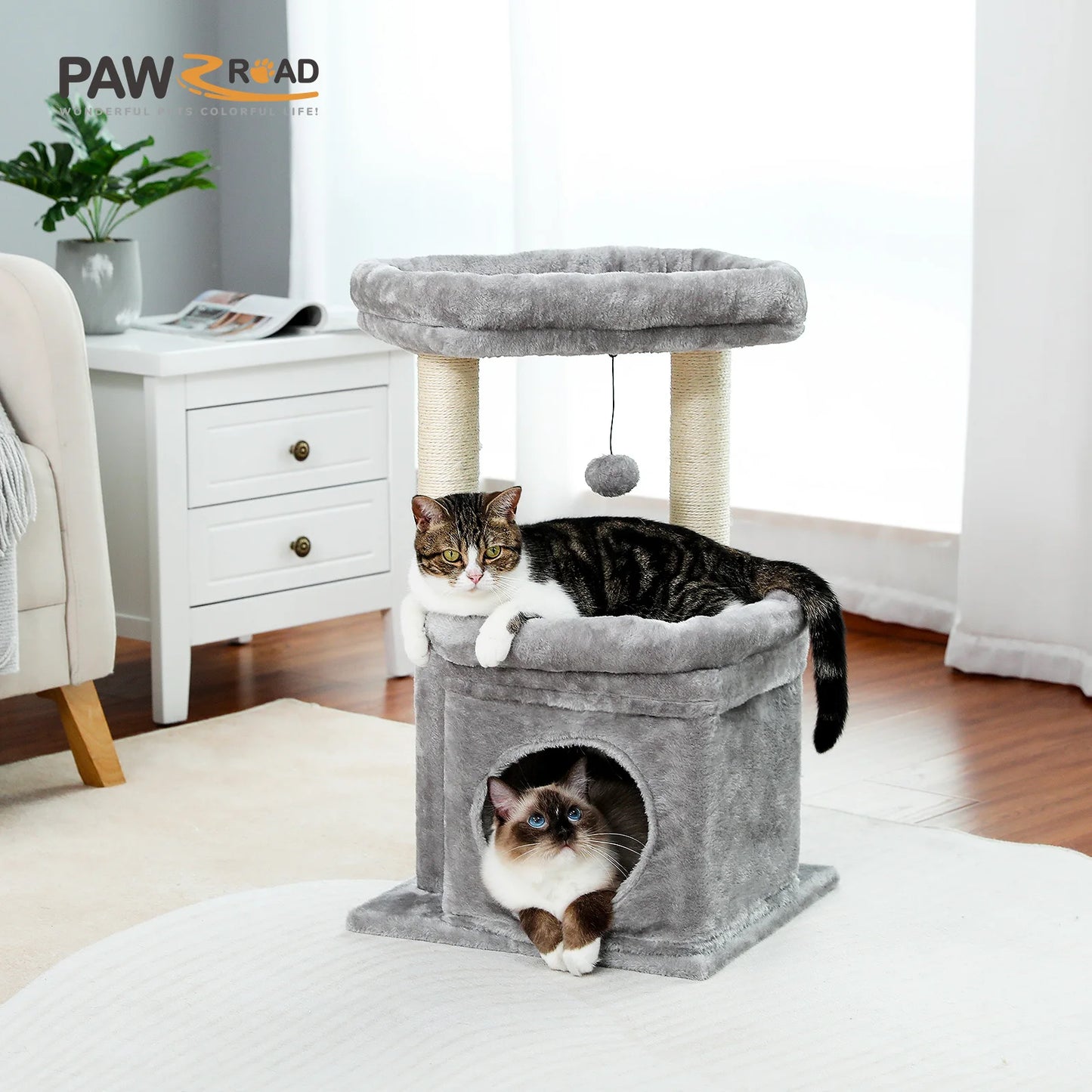 Cozy Condo Cat Tree Tower, Wide Top Perch, Natural Sisal Posts, Playful Pom-Pom