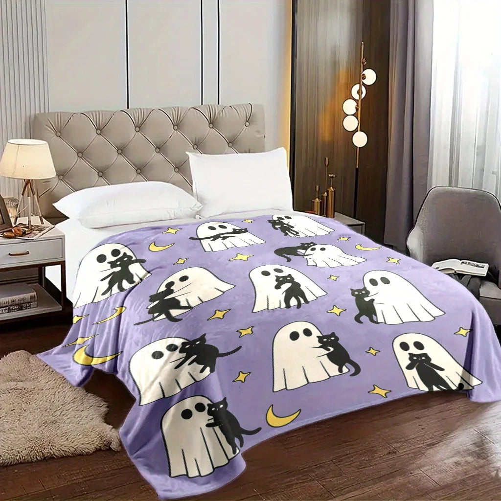 Cute Blanket - Ghosts Holding Black Cats with Stars & Moons Design