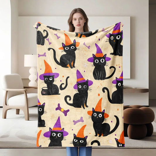 Halloween-themed Black Cat Purple Hat flannel blanket